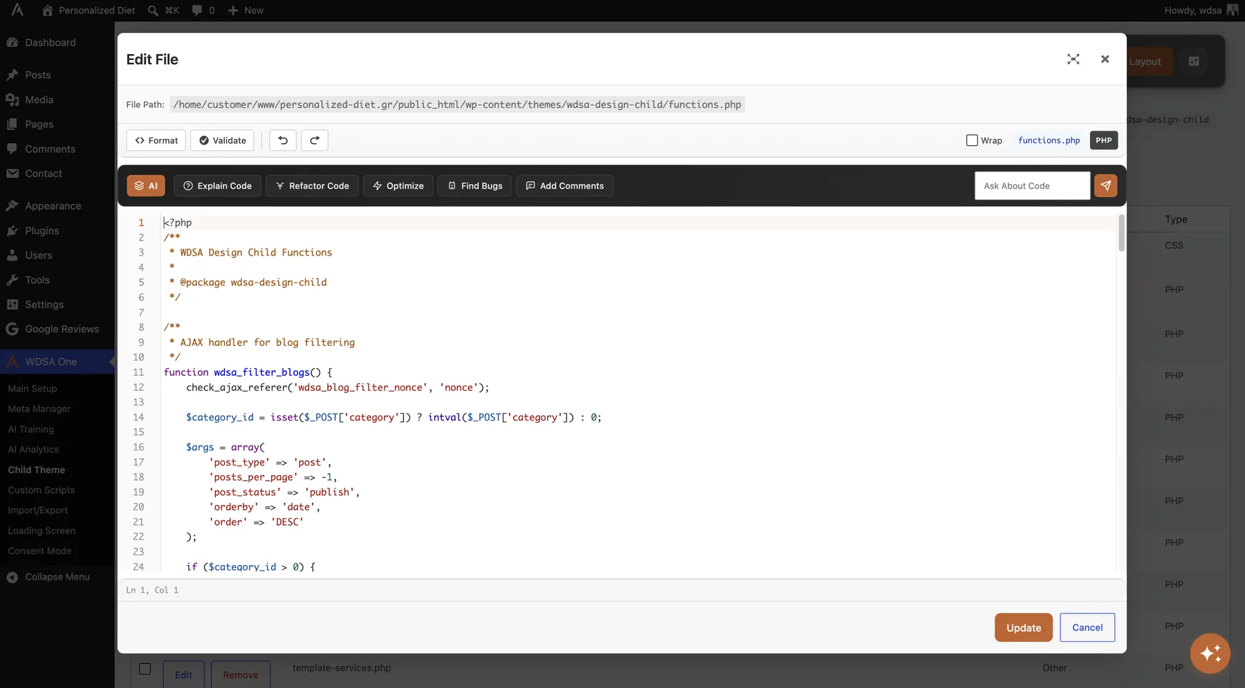 WDSA One — Template scanner & in-browser code editor