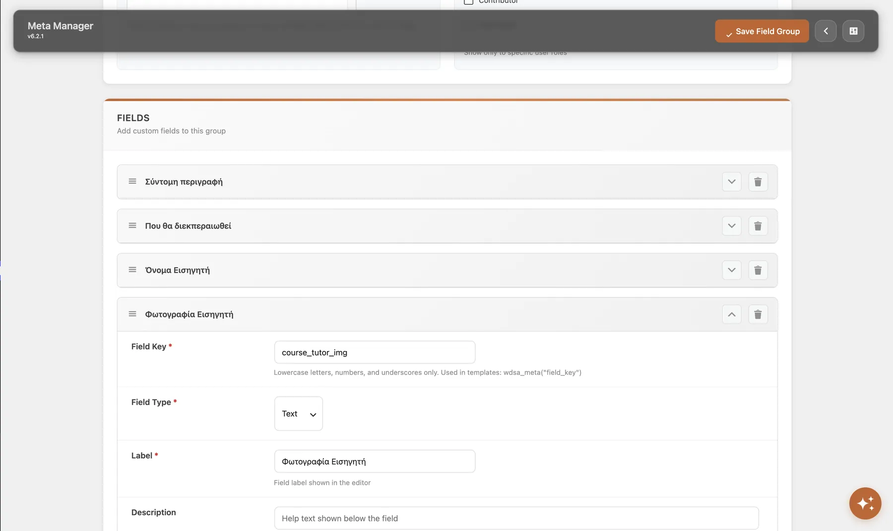WDSA One — Meta Manager, visual field group builder